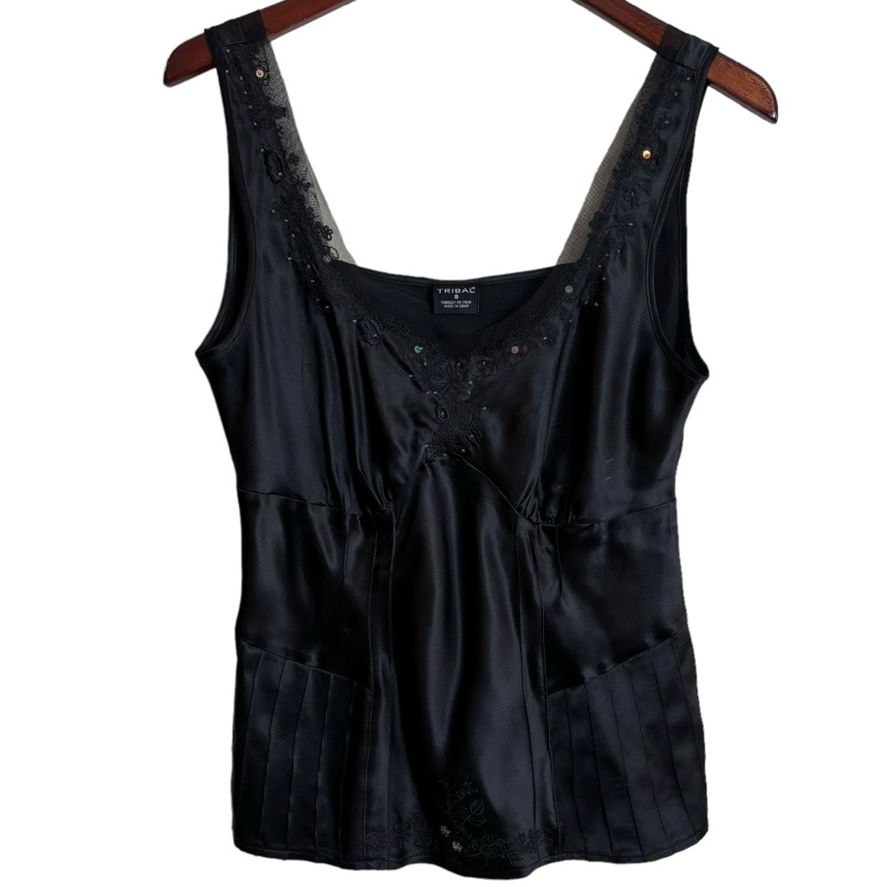 Tribal Black Satin Embellished Tank Top
